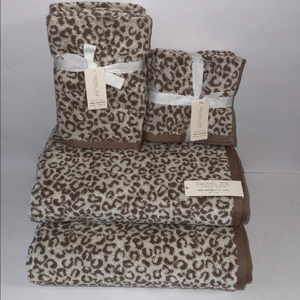 NWT Rachel Zoe 8 Piece 100% Cotton Bath Towel Set Brown Leopard Animal Print